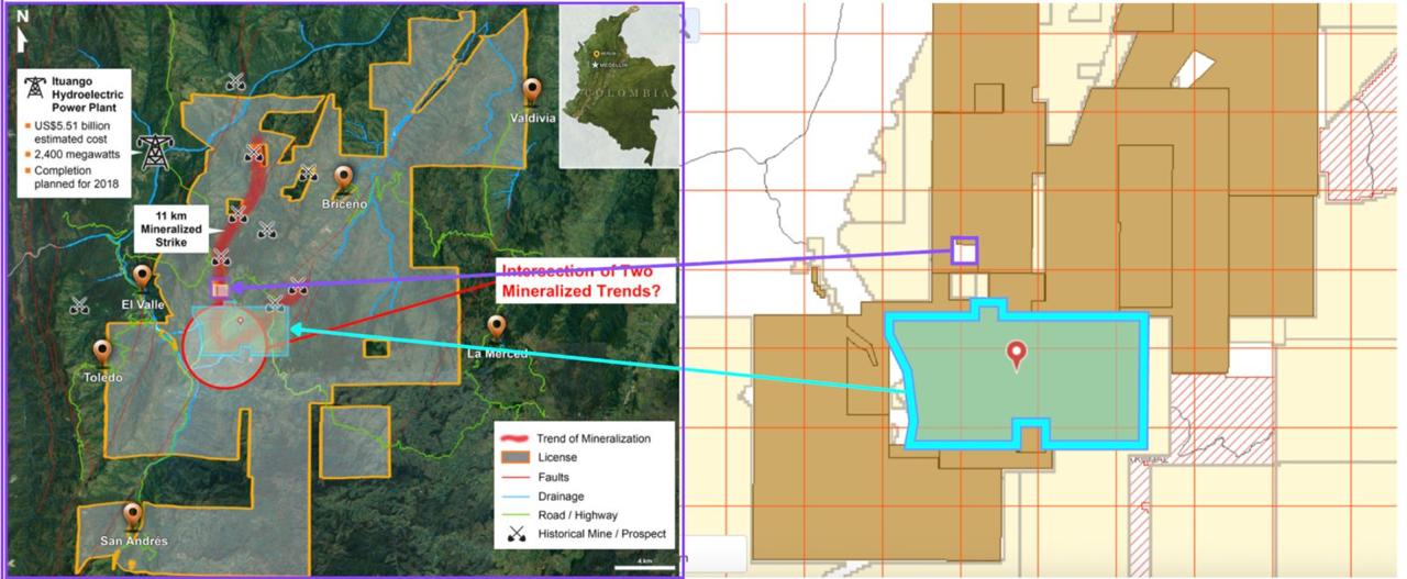 Regional map showing the 11 km mineralized strike, the intersection of two mineralized trends, historical mines and the L4944005 licence outline
