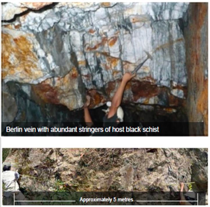 Berlin vein exposure with abundant stringers of host black schist, and a surface outcrop approximately 5 metres wide